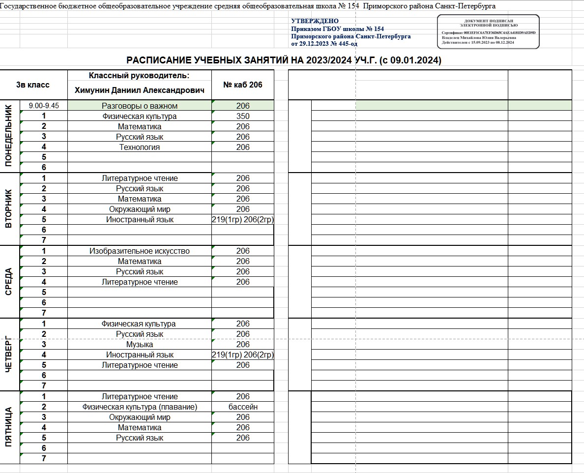 Расписание уроков – Школа 154